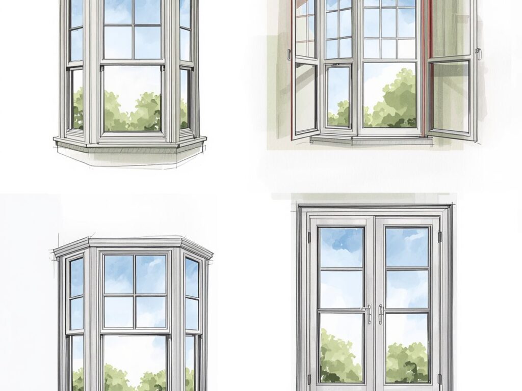 Window style sketches showing bay, casement, and double-hung designs