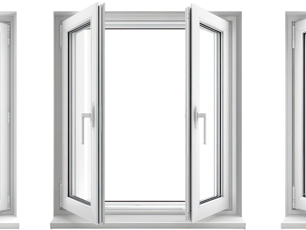 White casement window opened outward against a plain background