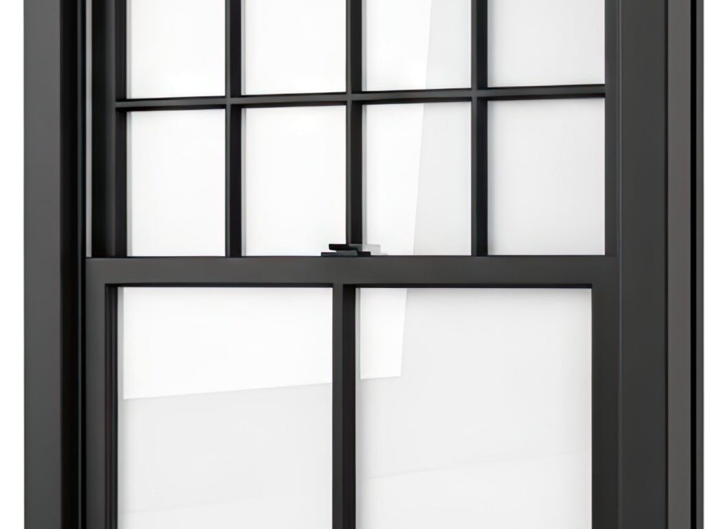Close-up of a black double-hung window frame and grid pattern