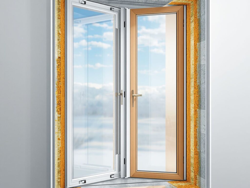 Cross-section of an open double-pane window with insulated frame