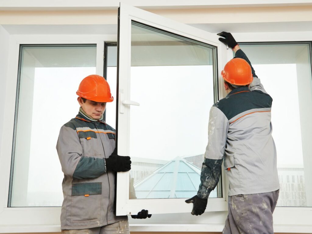 Two workers installing a large replacement window indoors