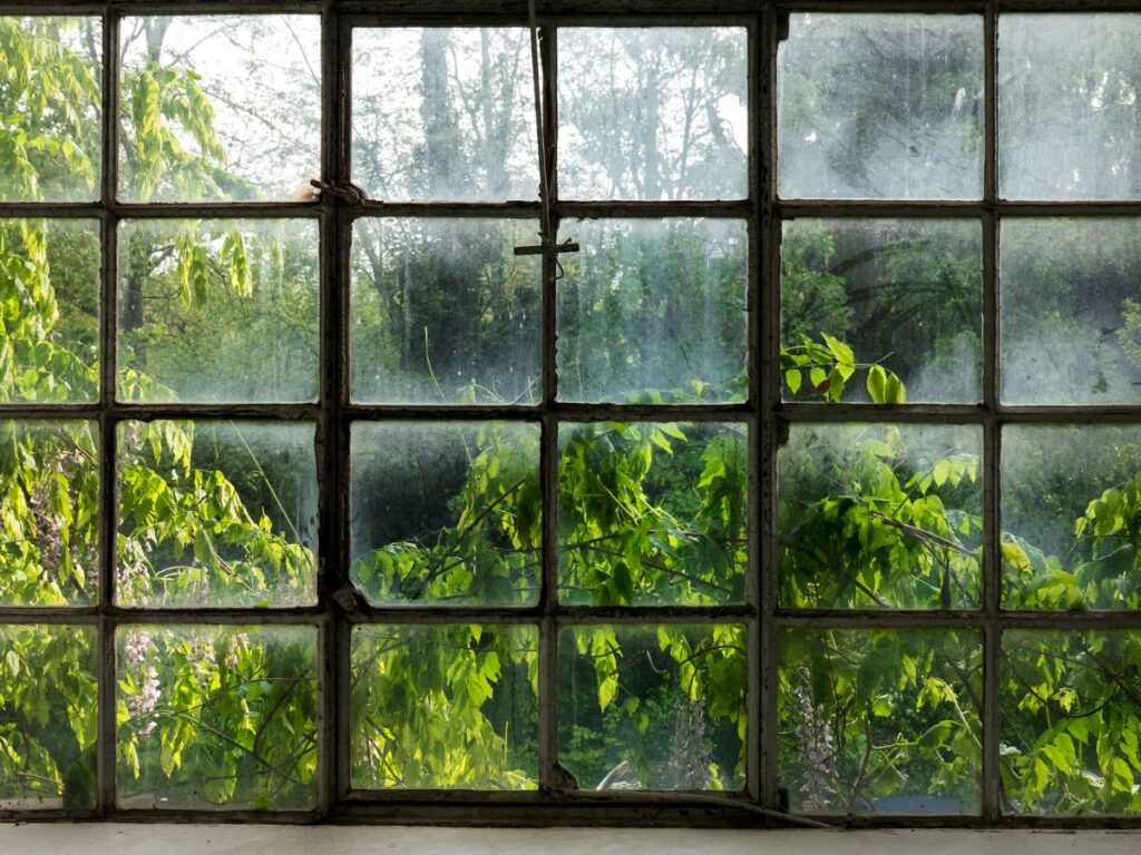 Old multi-pane window with grime and visible wear on the frame