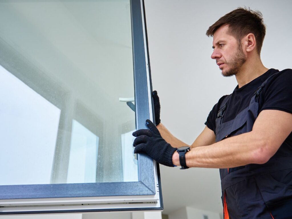 Technician fitting or adjusting a window during repair work